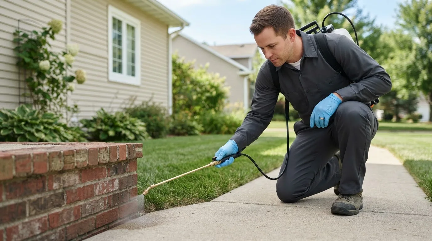 Pest control technician treating a home near Lincoln, MI